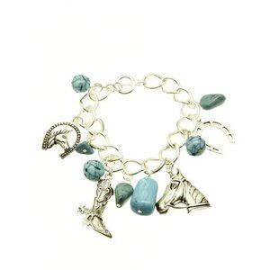 Silver Western Cowgirl Rockabilly Turquoise 7-1/4" Horseshoe Boot Charm Bracelet